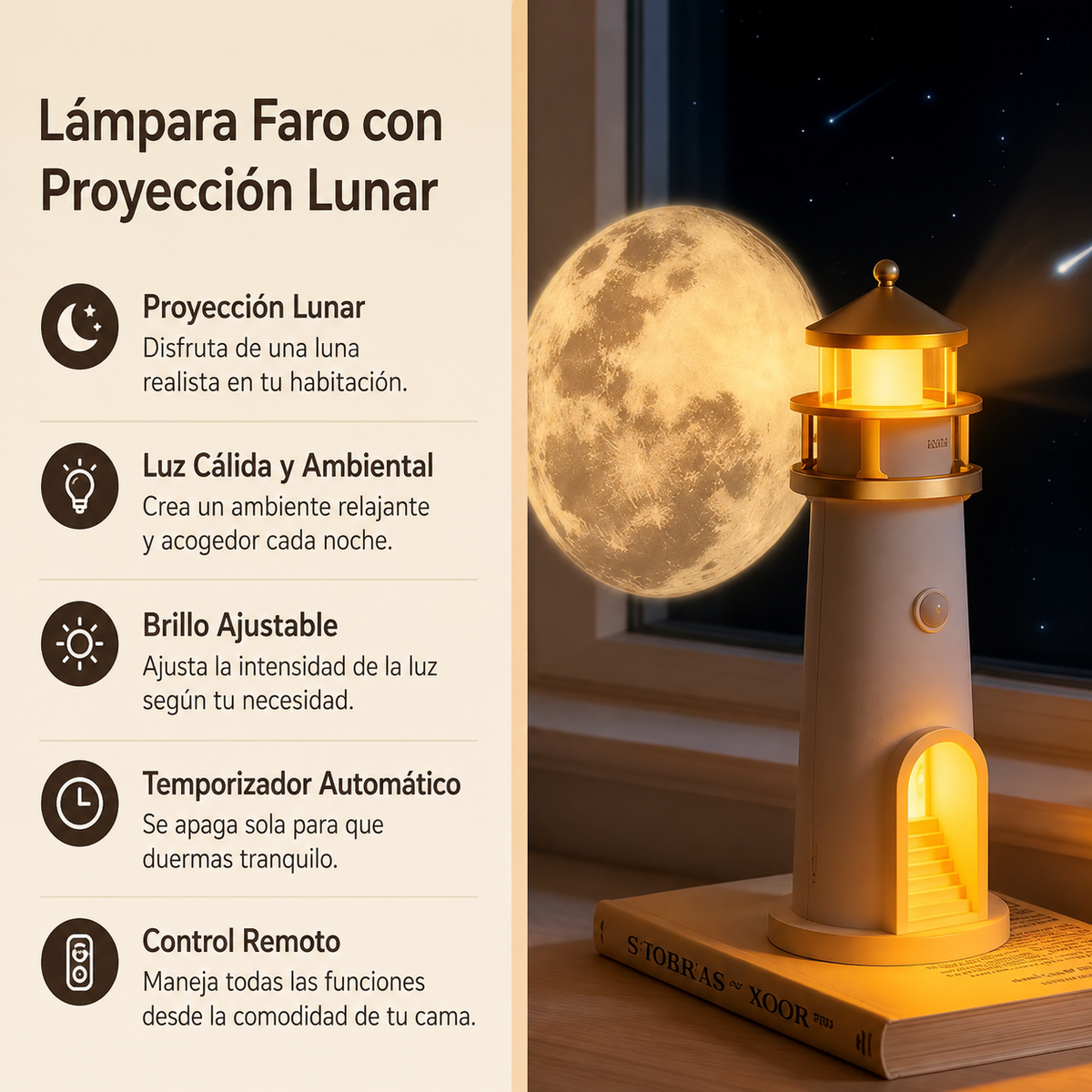 Lámpara luna sobre soporte de madera en una estantería decorada