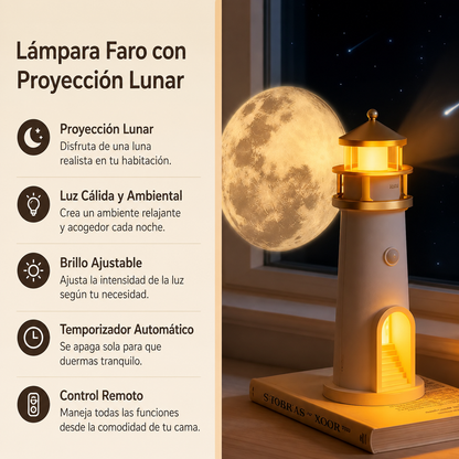 Lámpara luna sobre soporte de madera en una estantería decorada
