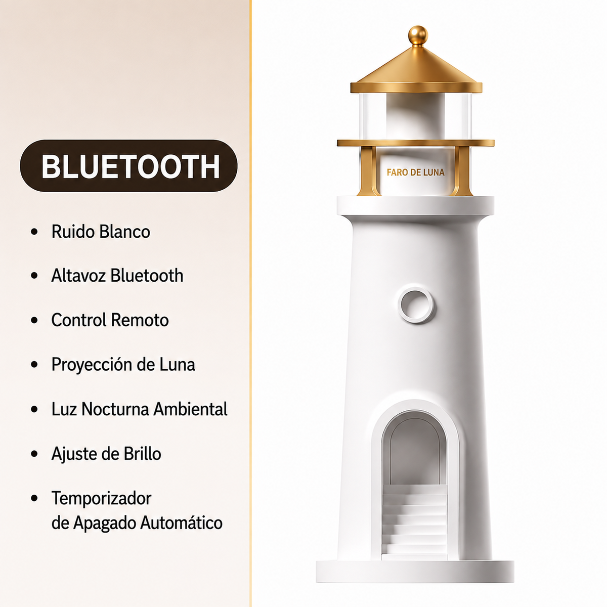 Lámpara luna Luminilighthouse iluminando un dormitorio a oscuras con luz cálida